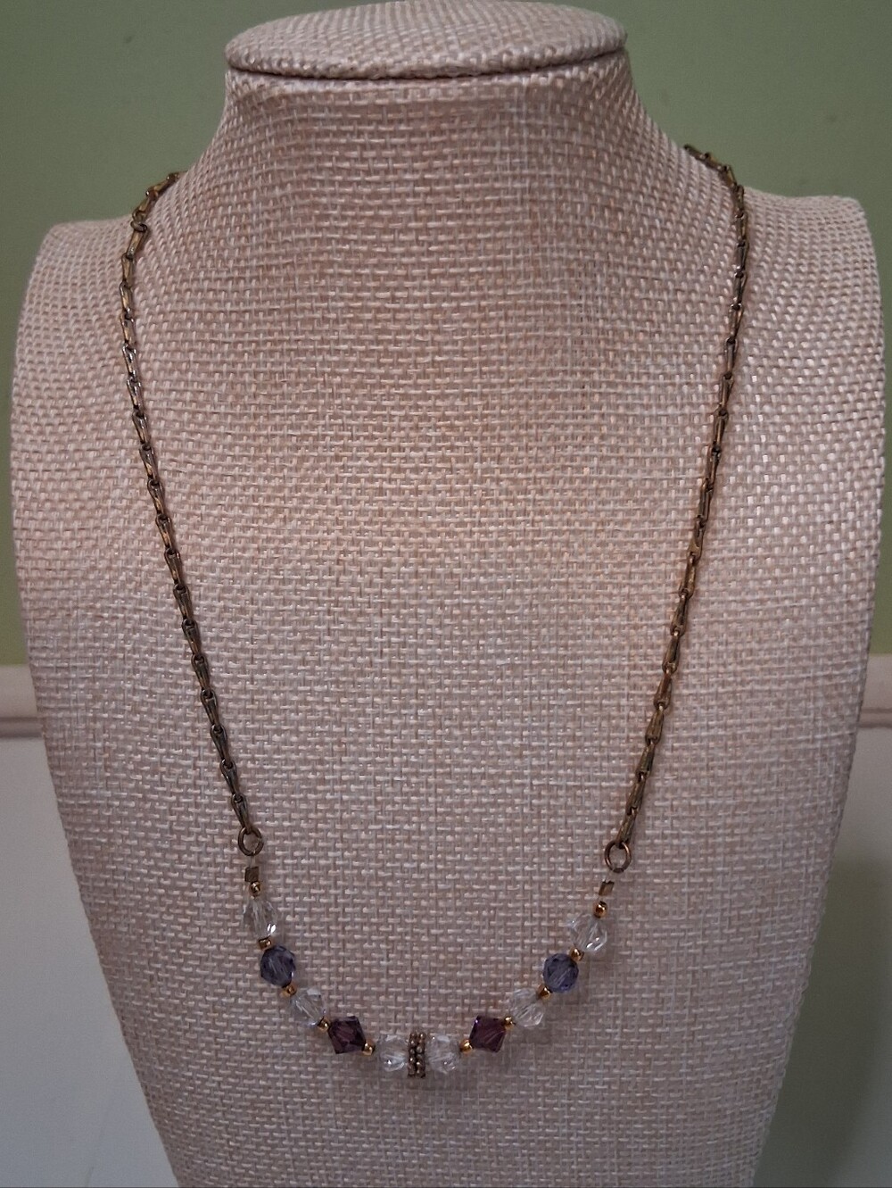 Vintage Style Beaded Choker Necklace Gold Tone Chain & Sparkling Crystals 8"